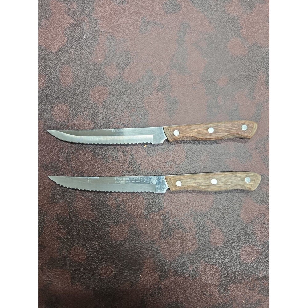 Set of 2 Hanford Forge Wood Handle Serated Edge Knives Stainless JAPAN